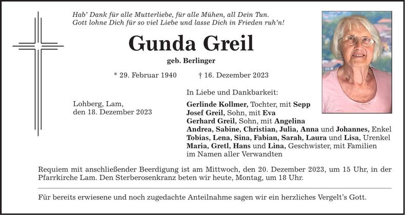 Traueranzeige Gunda Greil