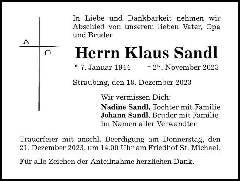 Traueranzeige Klaus Sandl