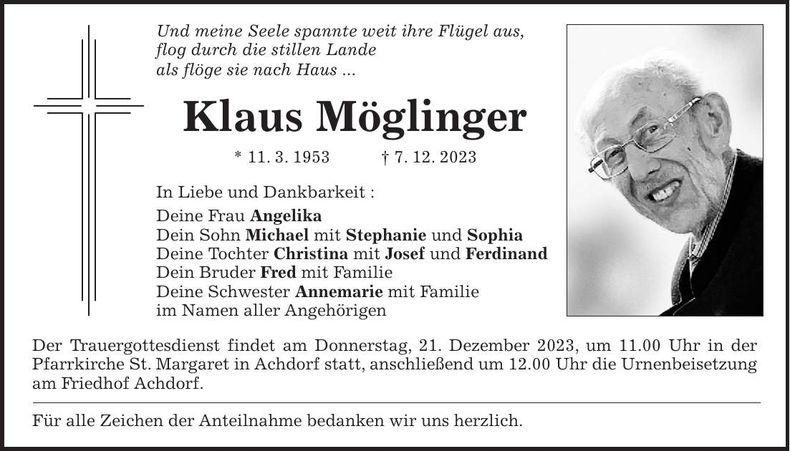 Traueranzeige Klaus Möglinger