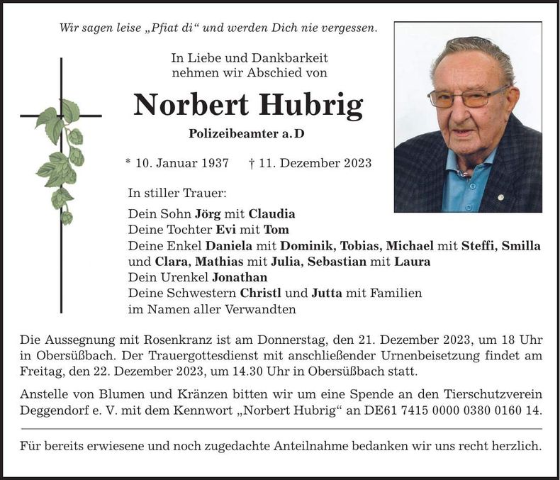 Traueranzeige Norbert Hubrig