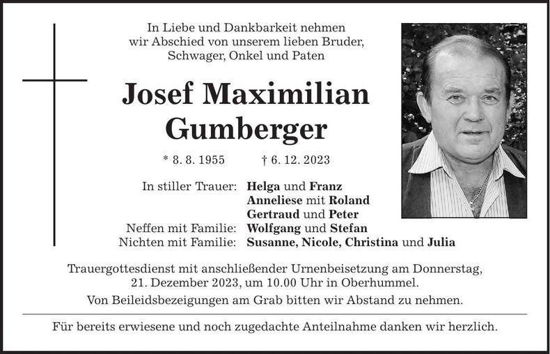 Traueranzeige Josef Maximilian Gumberger