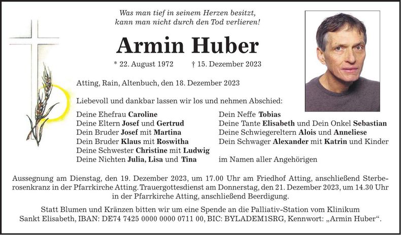 Traueranzeige Armin Huber