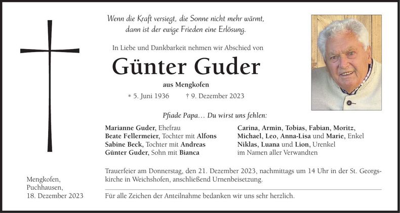 Traueranzeige Günter Guder