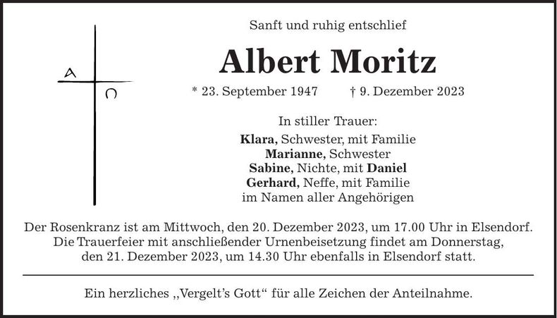 Traueranzeige Albert Moritz