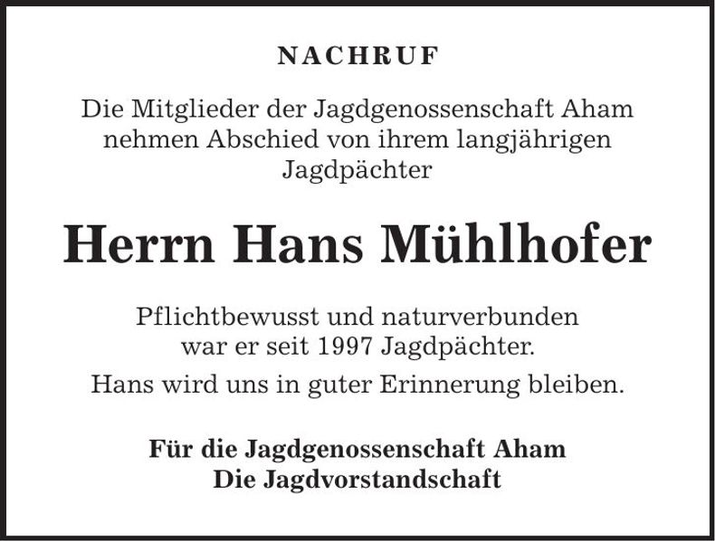 Traueranzeige Hans MÜhlhofer