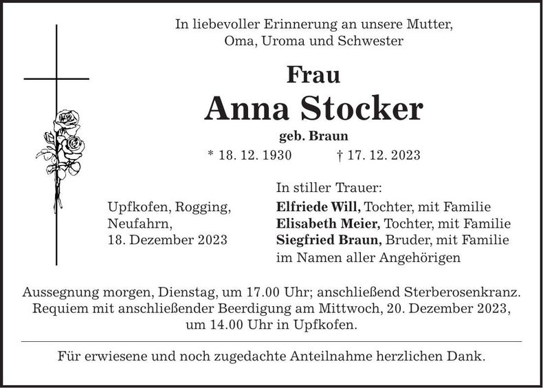 Traueranzeige Anna Stocker