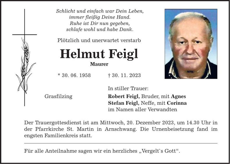 Traueranzeige Helmut Feigl