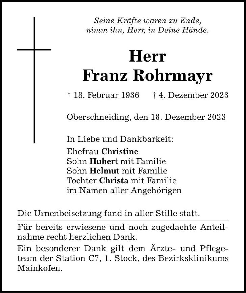 Traueranzeige Franz Rohrmayr