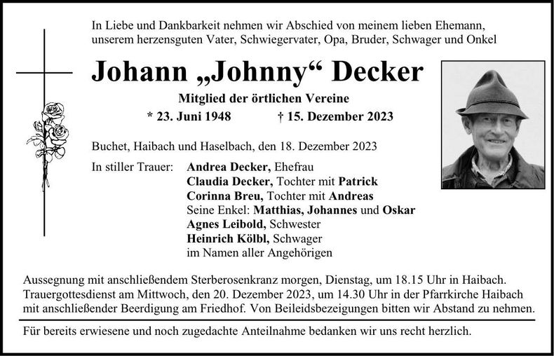 Traueranzeige Johann Decker