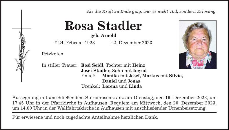 Traueranzeige Rosa Stadler