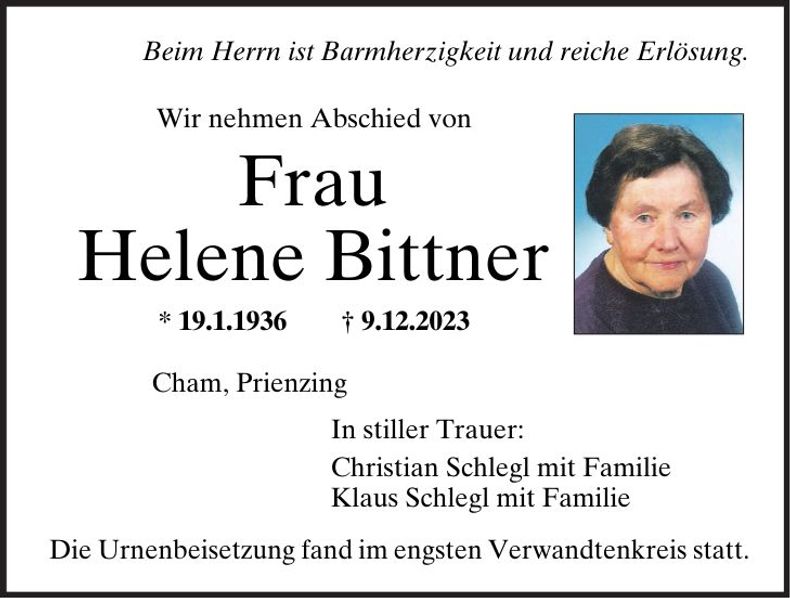 Traueranzeige Helene Bittner