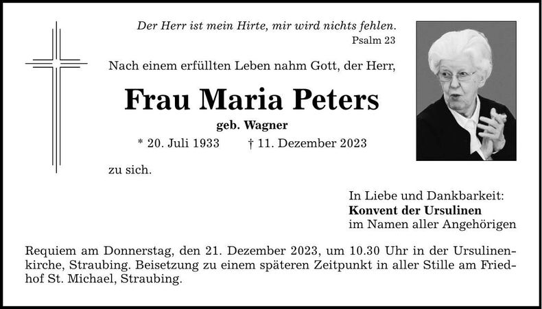Traueranzeige Maria Peters