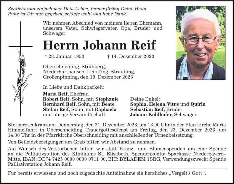Traueranzeige Johann Reif
