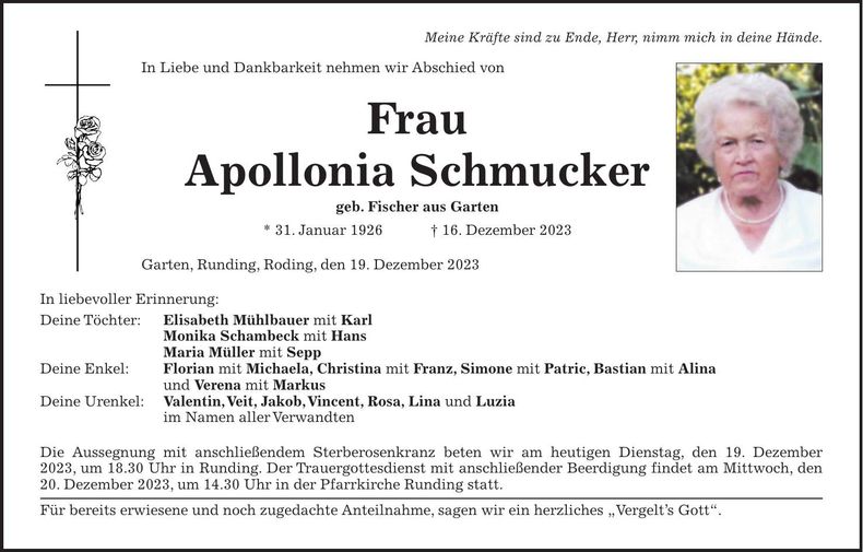 Traueranzeige Apollonia Schmucker