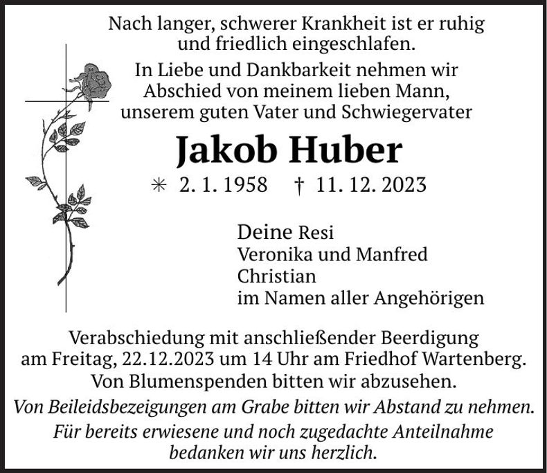 Traueranzeige Jakob Huber