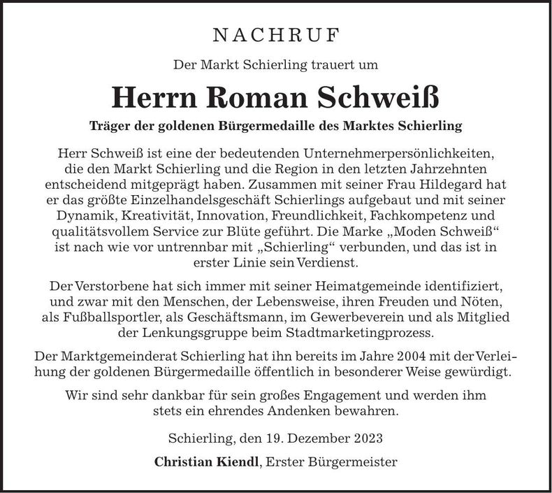 Traueranzeige Roman Schweiß