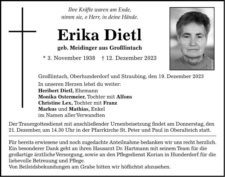 Traueranzeige Erika Dietl