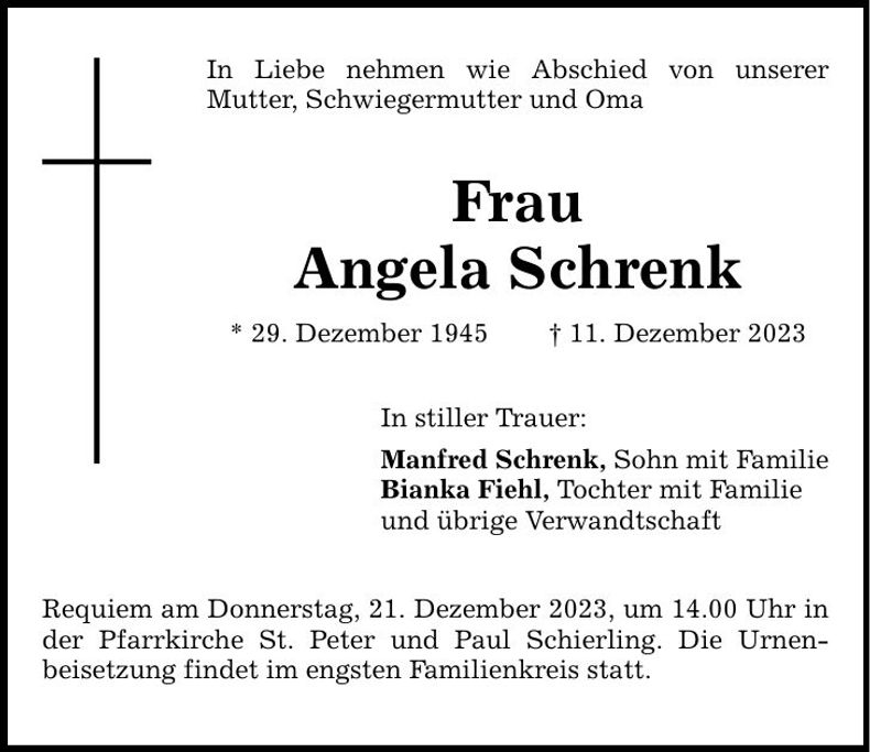 Traueranzeige Angela Schrenk