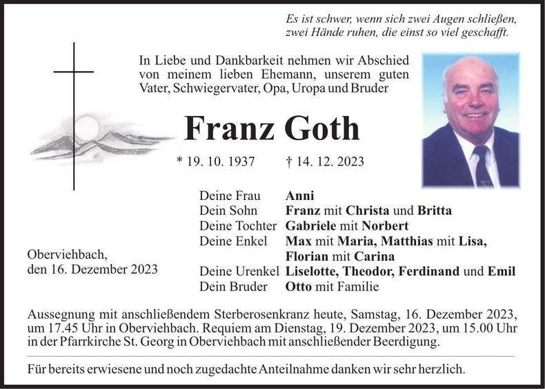 Traueranzeige Franz Goth