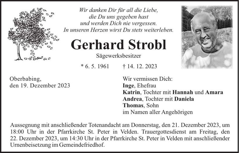 Traueranzeige Gerhard Strobl