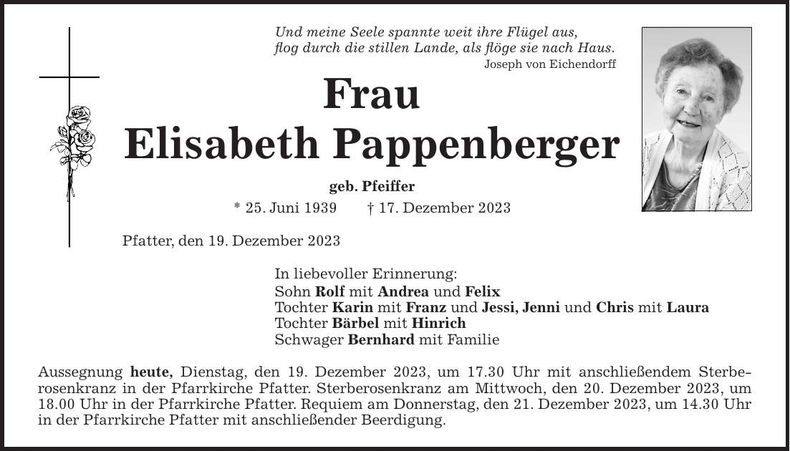Traueranzeige Elisabeth Pappenberger