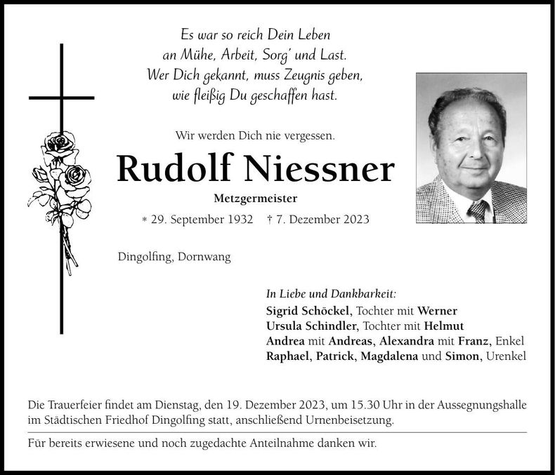 Traueranzeige Rudolf Niessner