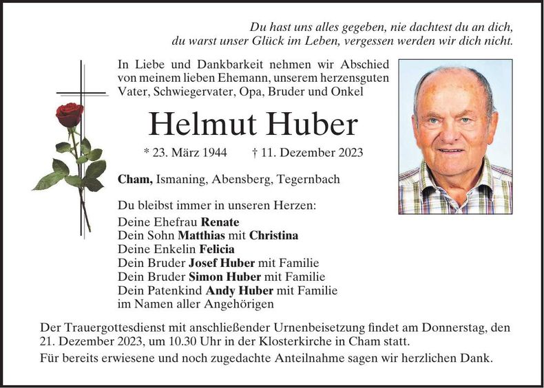 Traueranzeige Helmut Huber