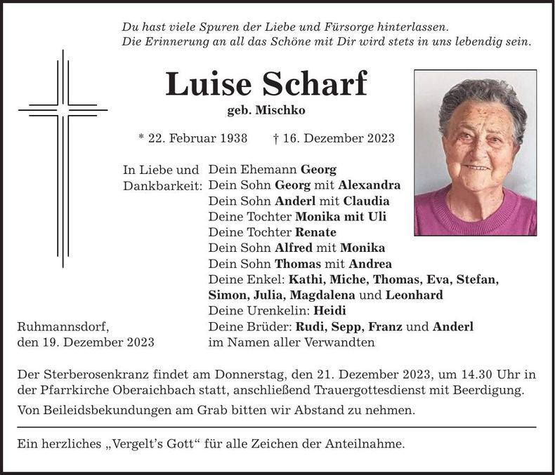 Traueranzeige Luise Scharf