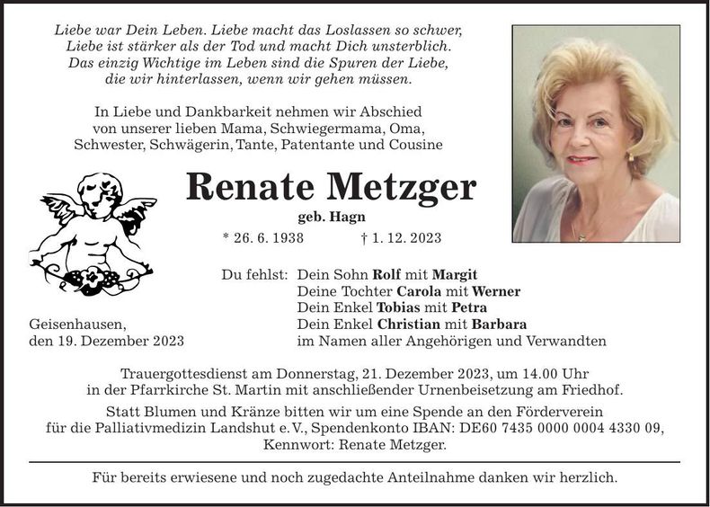 Traueranzeige Renate Metzger
