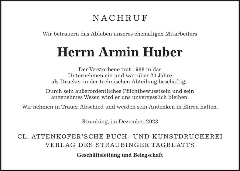 Traueranzeige Armin Huber