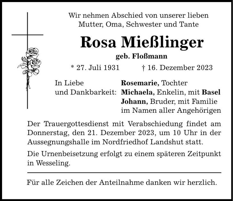 Traueranzeige Rosa Mießlinger