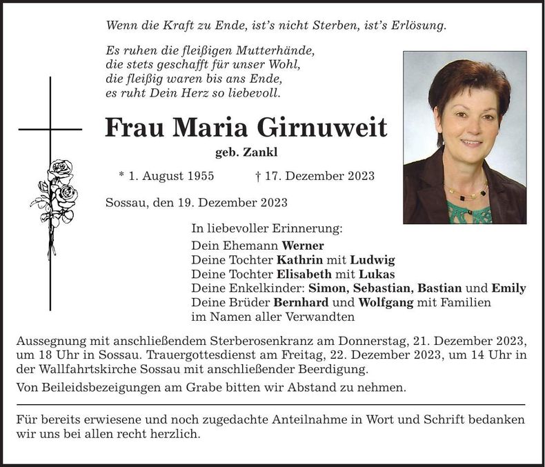 Traueranzeige Maria Girnuweit