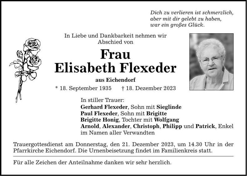 Traueranzeige Elisabeth Flexeder