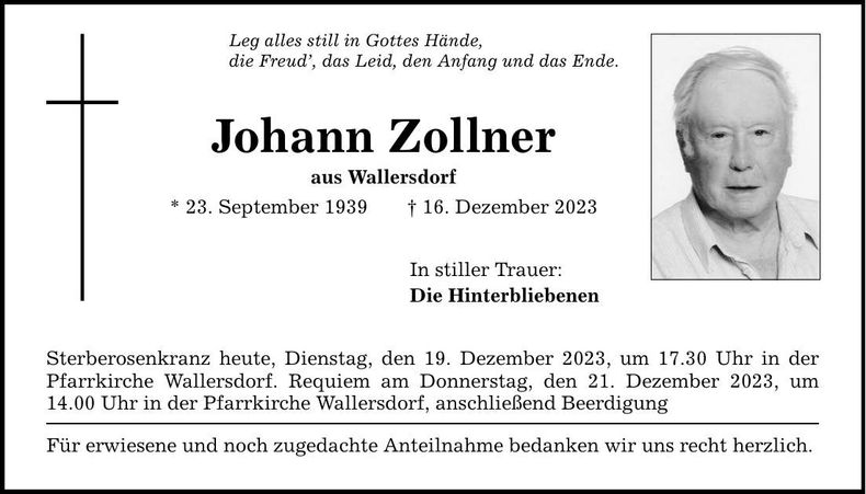 Traueranzeige Johann Zollner