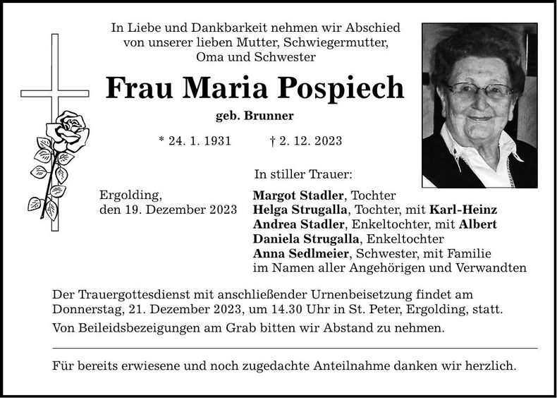 Traueranzeige Maria Pospiech