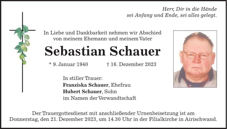 Traueranzeige Sebastian Schauer