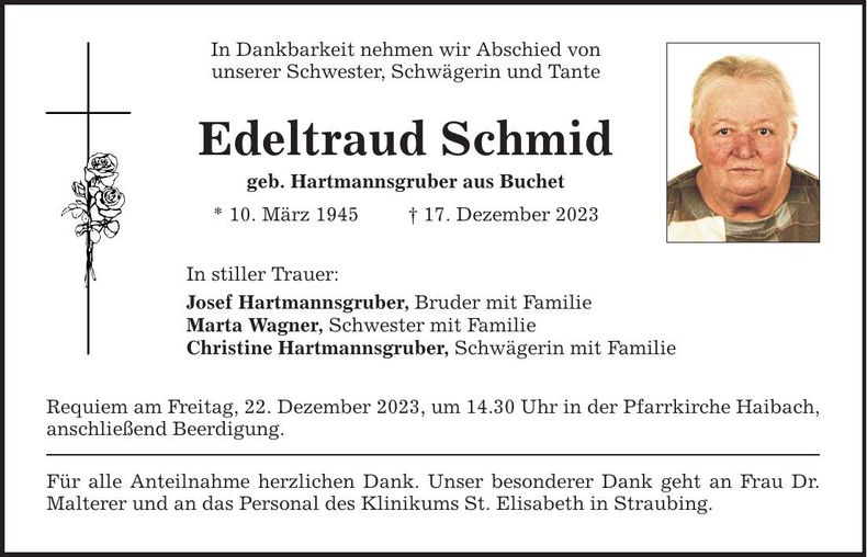 Traueranzeige Edeltraud Schmid