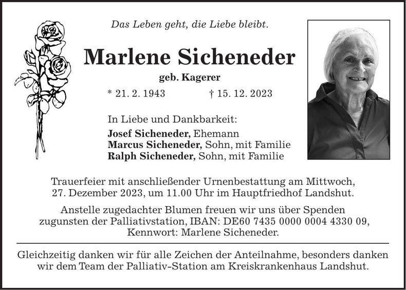 Traueranzeige Marlene Sicheneder