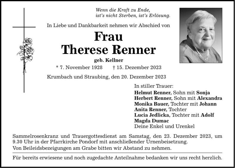 Traueranzeige Therese Renner