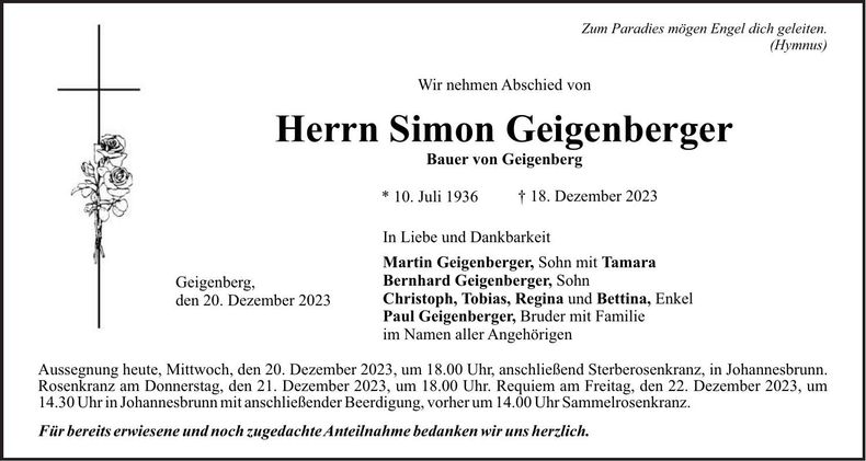 Traueranzeige Simon Geigenberger