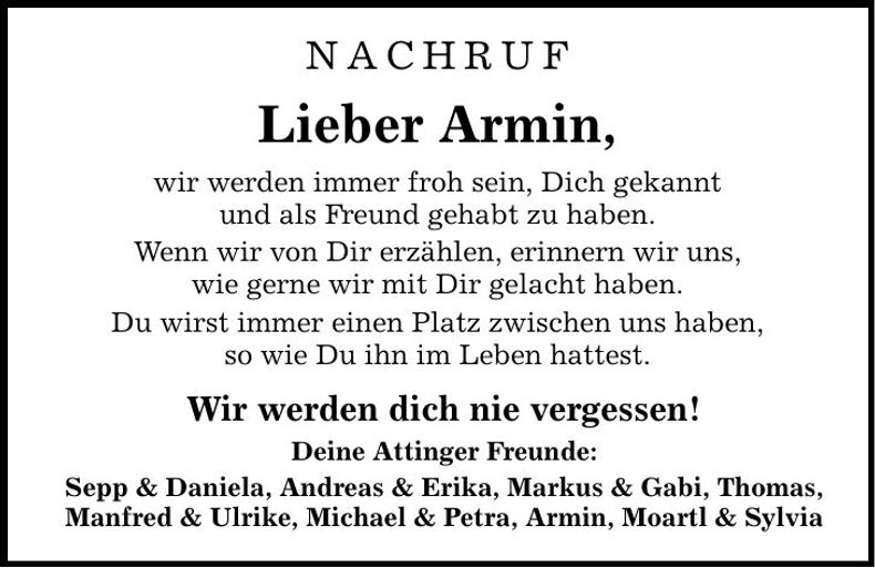 Traueranzeige Armin Huber