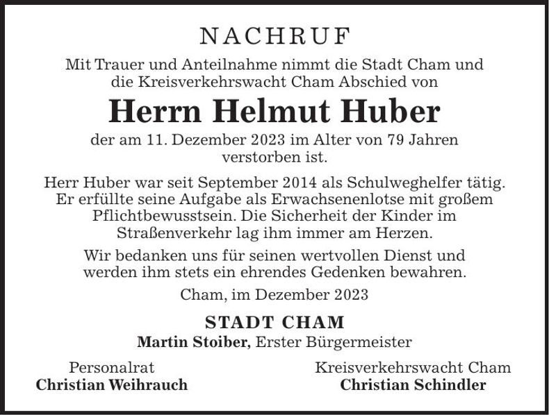 Traueranzeige Helmut Huber