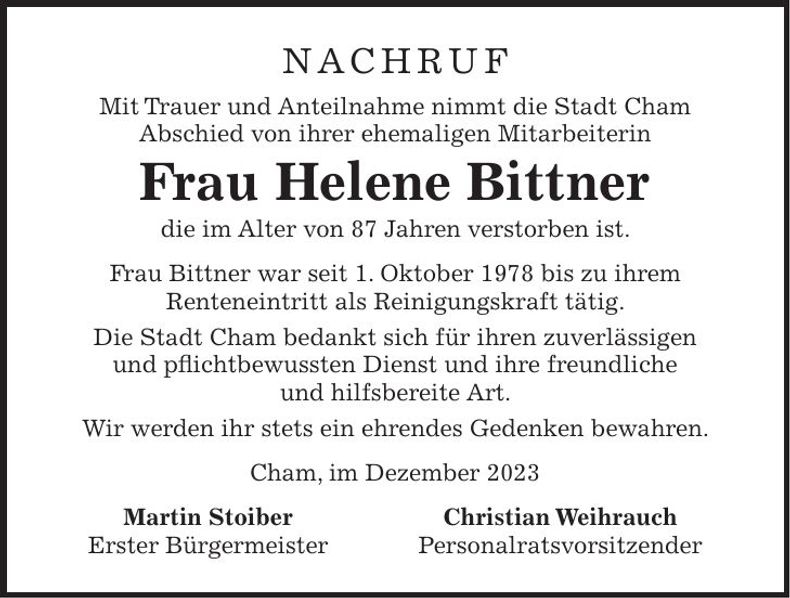Traueranzeige Helene Bittner
