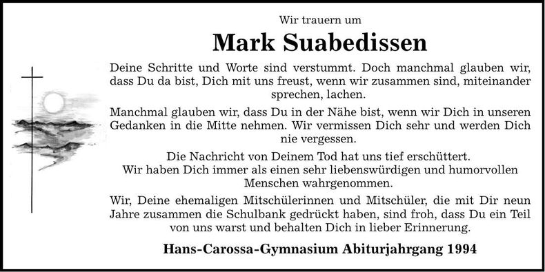 Traueranzeige Mark Suabedissen