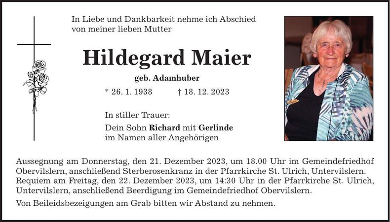 Traueranzeige Hildegard Maier