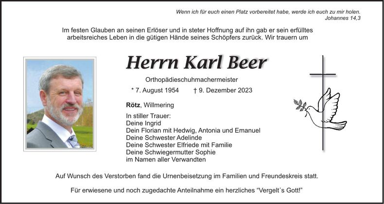 Traueranzeige Karl Beer