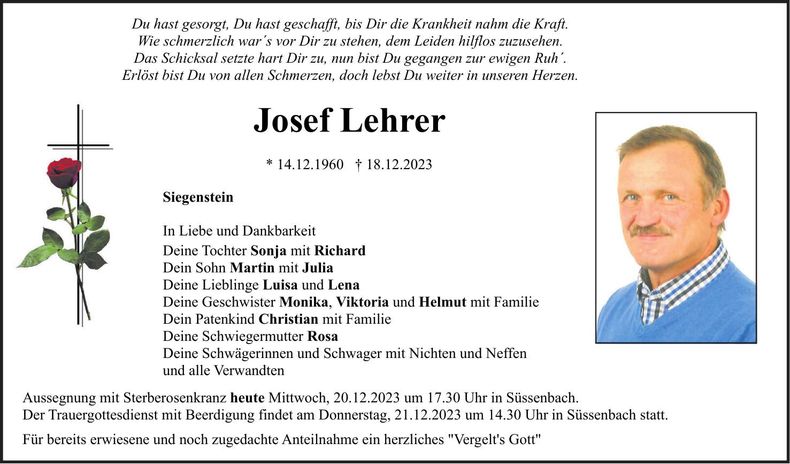 Traueranzeige Josef Lehrer