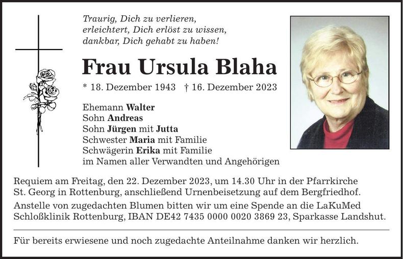 Traueranzeige Ursula Blaha