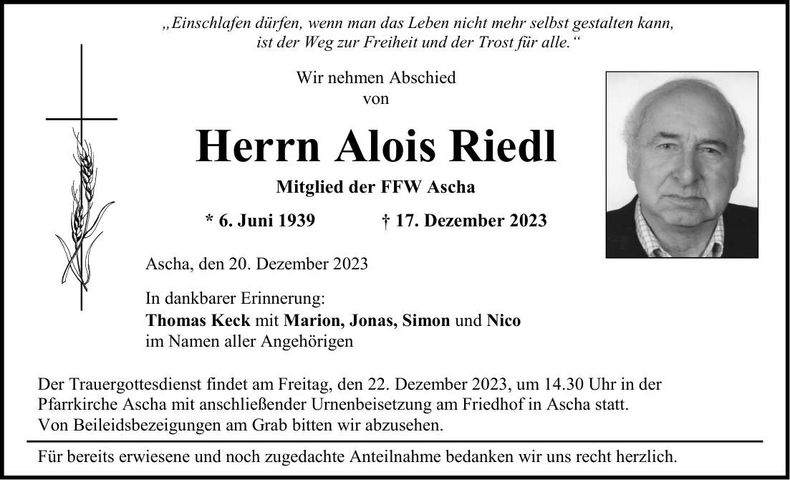 Traueranzeige Alois Riedl