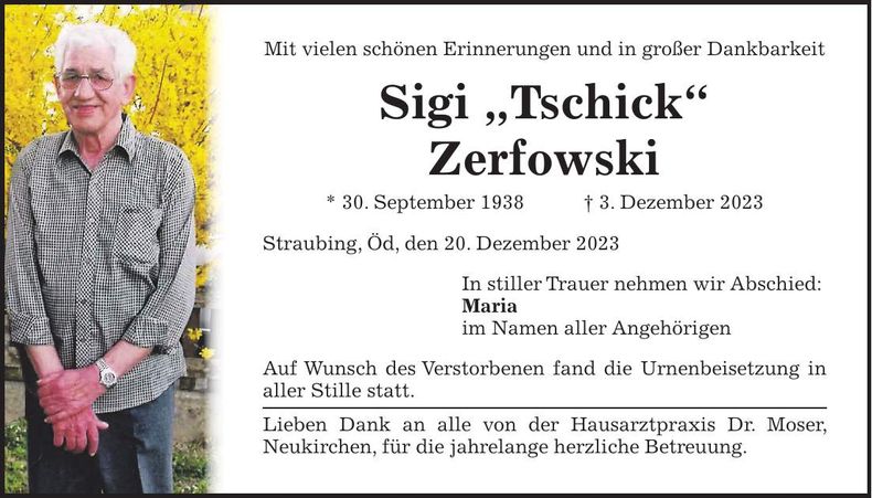 Traueranzeige Sigi Zerfowski